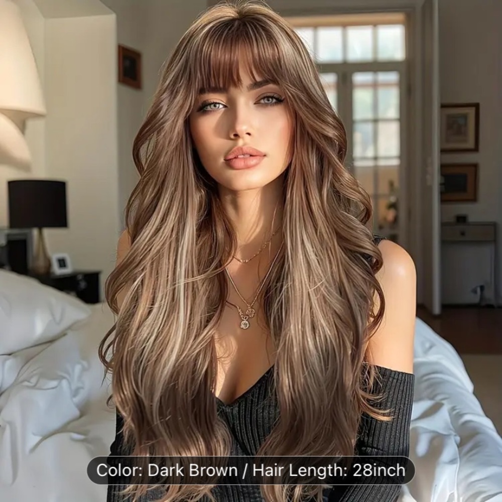28 Inch Butterfly Haircut Long Wavy Curly Hair Wigs With Bangs